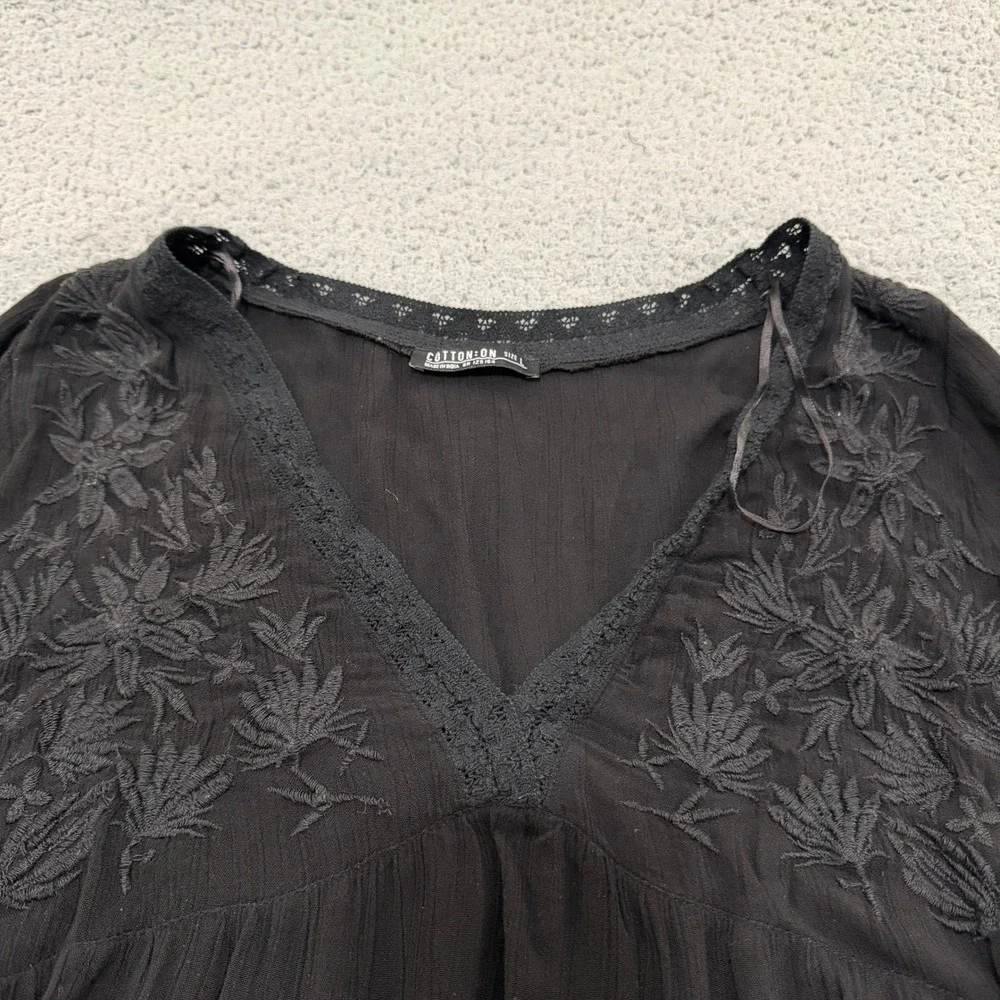 Cotton On Tunic Top Womens Large Black Embroidered Bell Sleeve Boho Peasant